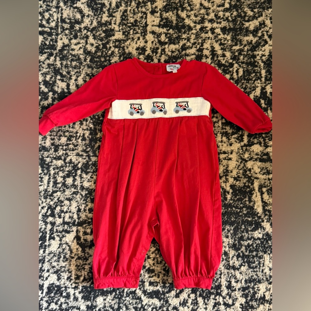 Santa Golf Cart Smocked Red Romper